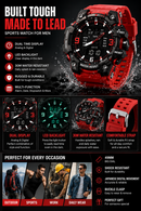 Men’s Military Sports Watch 49mm Big Face Digital & Analog LED Waterproof Red | Overnight Delivery | Afterpay & Zip Pay