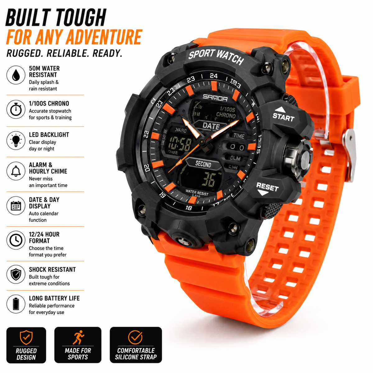 Men’s Orange Tactical Sports Watch Dual Display Digital Analog 50M Waterproof Military Watch | Overnight Delivery | Afterpay & Zip Pay - JustRight deals New Zealand 