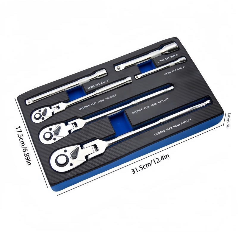 6-Piece Flex Head Ratchet Set – 1/4”, 3/8”, 1/2” Drive with Extension Bars | CR-V Steel | NZ Stock & Overnight Delivery
