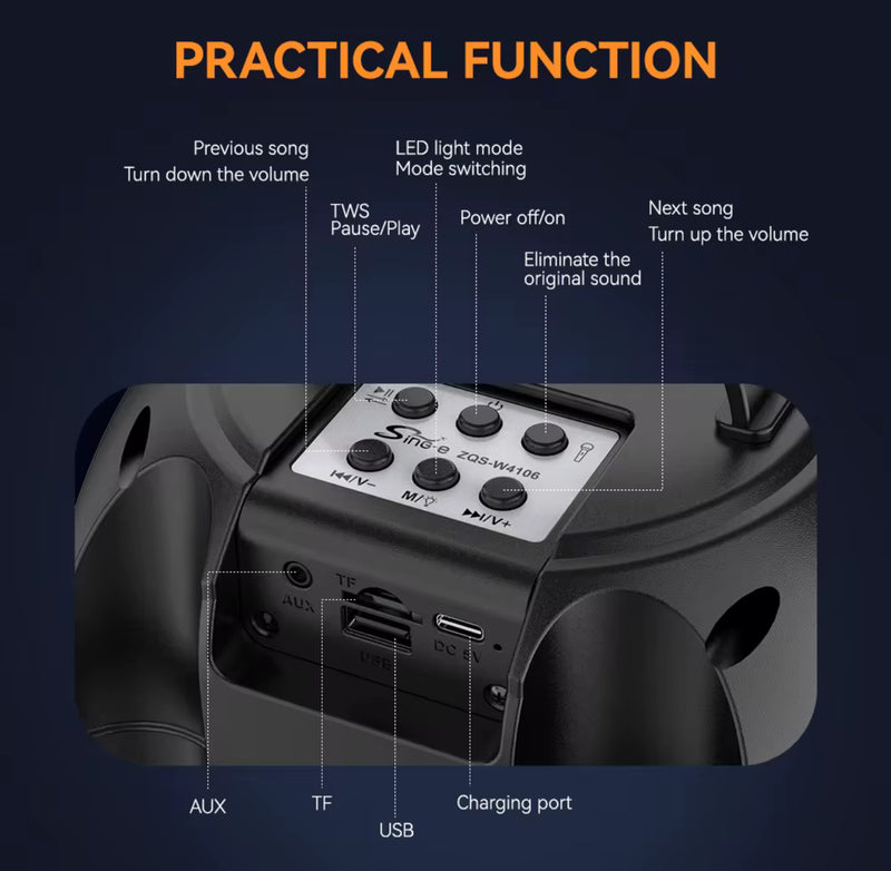 Portable Bluetooth Speaker-2 wireless mic– BT/USB/TF/AUX/FM, 4” Driver, 1200mAh Battery | NZ Stock | Overnight Delivery | Afterpay Zip Pay