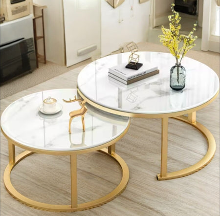 White Round Nesting Coffee Table – Modern Marble Look & Metal Base