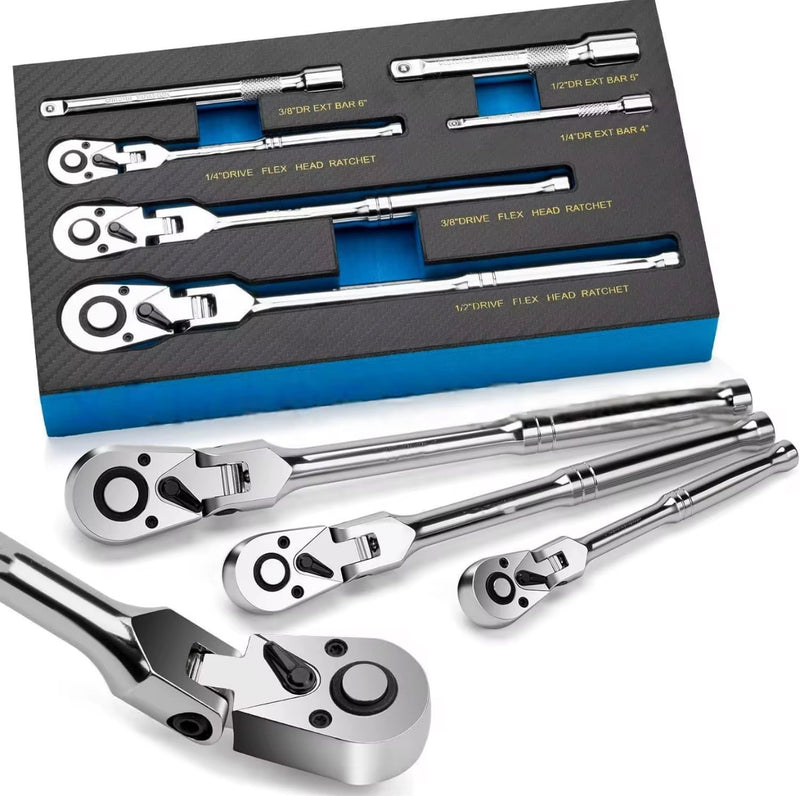 6-Piece Flex Head Ratchet Set – 1/4”, 3/8”, 1/2” Drive with Extension Bars | CR-V Steel | NZ Stock & Overnight Delivery