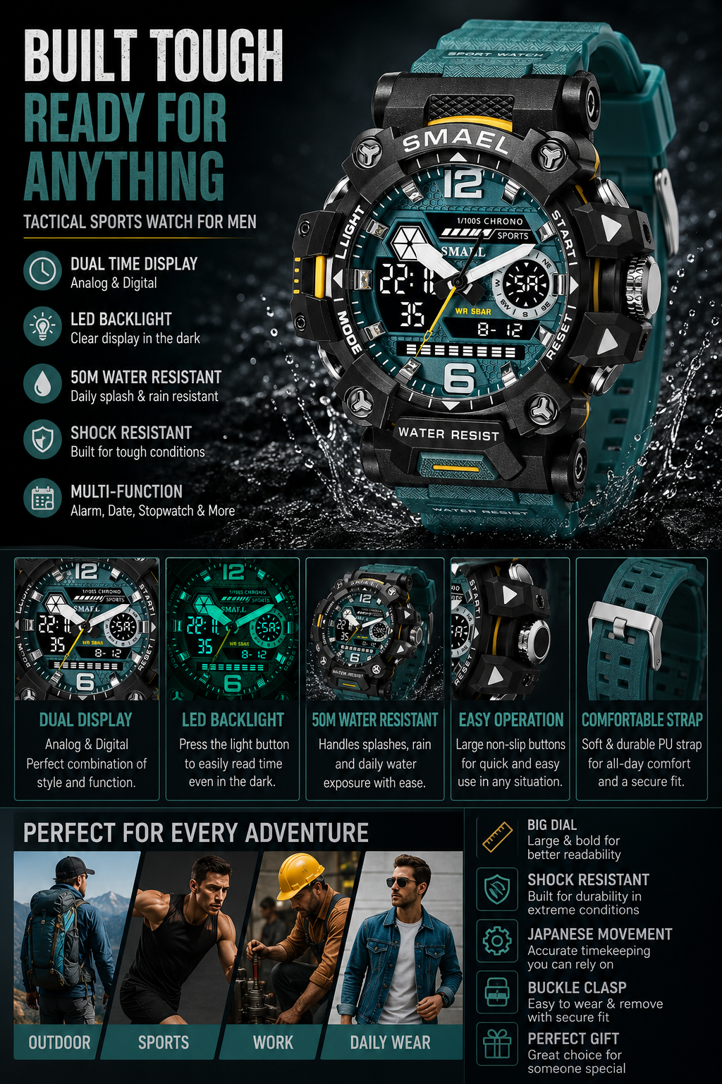 Men’s Sports Watch – Dual Display, LED Backlight, 30M Waterproof | NZ Stock | Overnight Delivery - JustRight deals New Zealand 