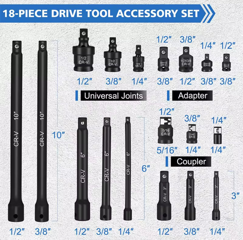 18pc Impact Extension, Adapter & Universal Joint Set – 1/4”, 3/8”, 1/2” Drive | CR-V Steel | NZ Stock & Overnight Delivery