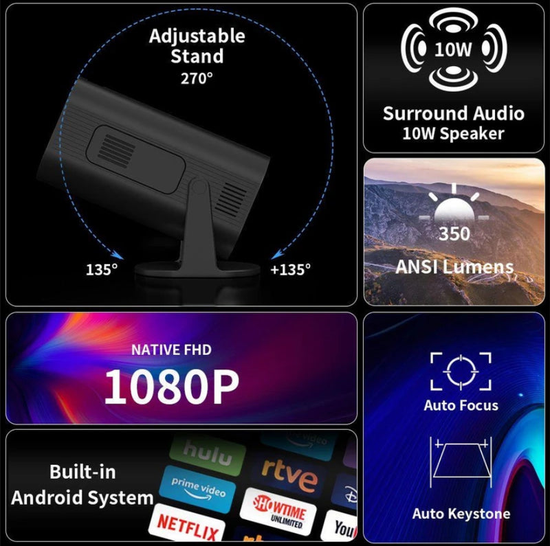 Smart HD 4K Projector with 120-Inch Screen – Cinema, WiFi, Bluetooth, Portable