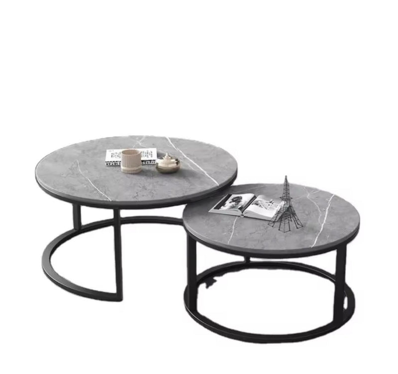 White Round Nesting Coffee Table – Modern Marble Look & Metal Base