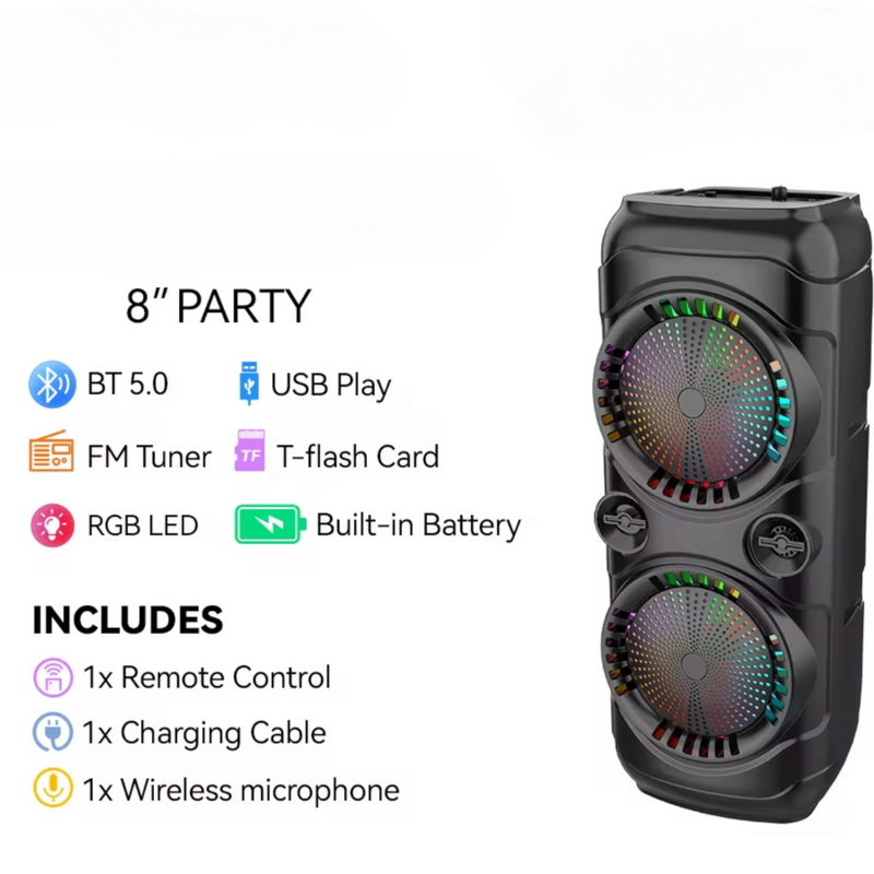 Dual 8” Portable Bluetooth Speaker – Wireless Mic, FM, USB/TF, AUX | NZ Stock | Overnight Delivery | Afterpay Zip