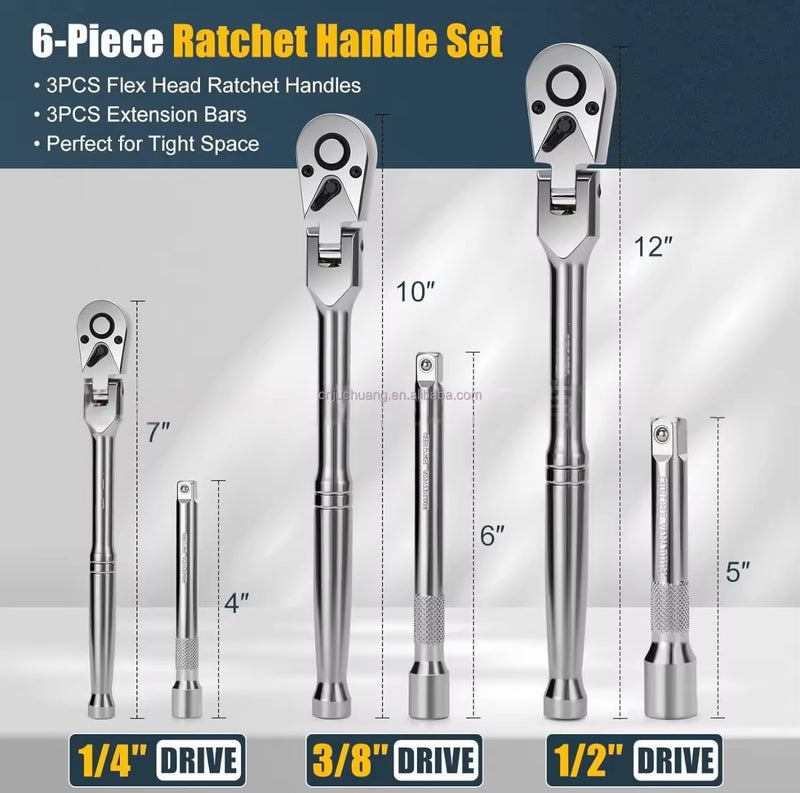 6-Piece Flex Head Ratchet Set – 1/4”, 3/8”, 1/2” Drive with Extension Bars | CR-V Steel | NZ Stock & Overnight Delivery