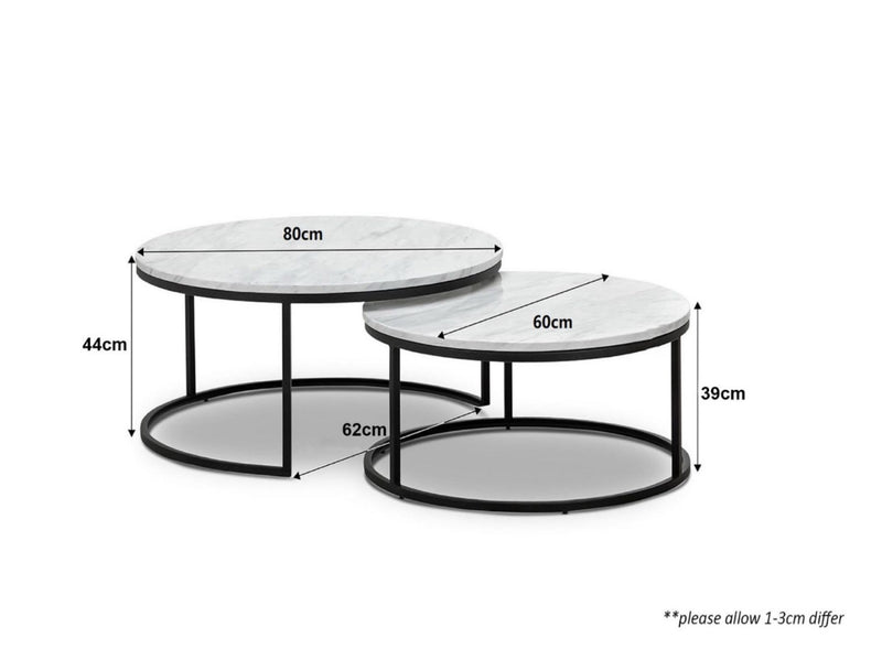 White Round Nesting Coffee Table – Modern Marble Look & Metal Base