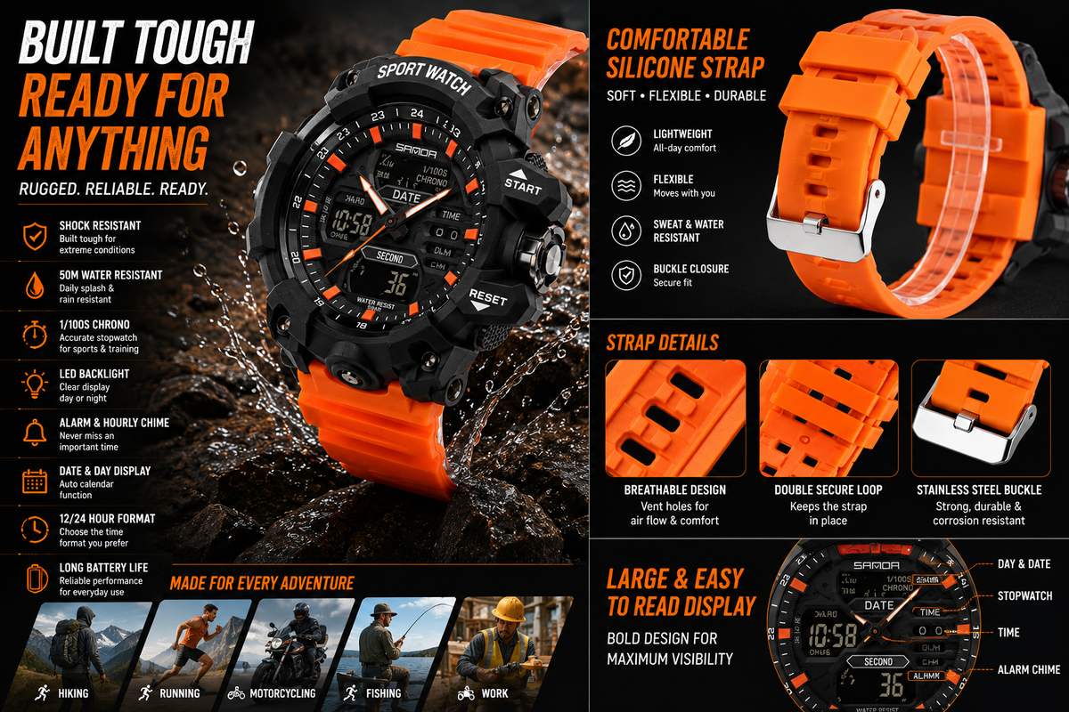 Men’s Orange Tactical Sports Watch Dual Display Digital Analog 50M Waterproof Military Watch | Overnight Delivery | Afterpay & Zip Pay - JustRight deals New Zealand 