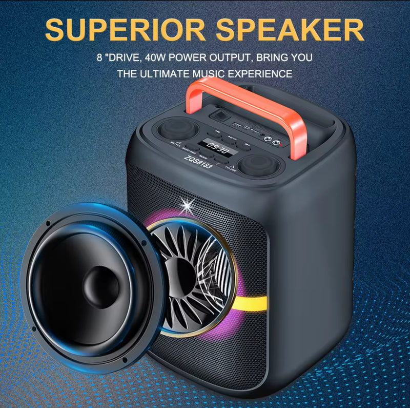 8” Bluetooth Party Speaker | 40W Bass Boost, RGB Lights, Wireless Mic, FM/USB/AUX/TWS | NZ Stock | Overnight Delivery | Afterpay Zip